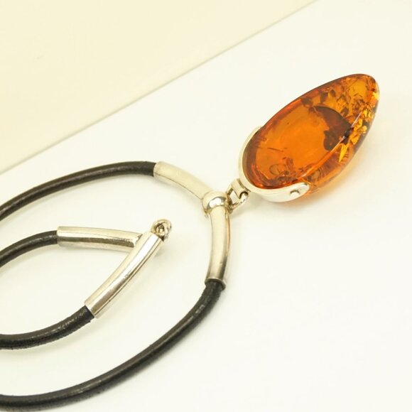 Big AMBER PENDANT With Black Leather Cord Set In 925 Silver Artisan Made Gift - Picture 11 of 15